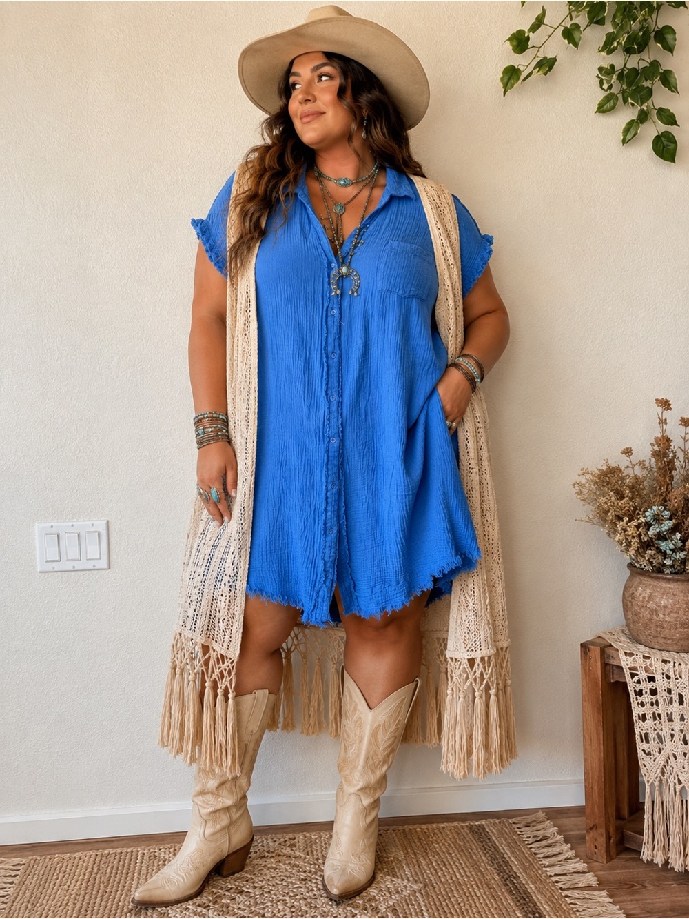 Umgee Cobalt Blue Button-Front Swim Coverup Dress